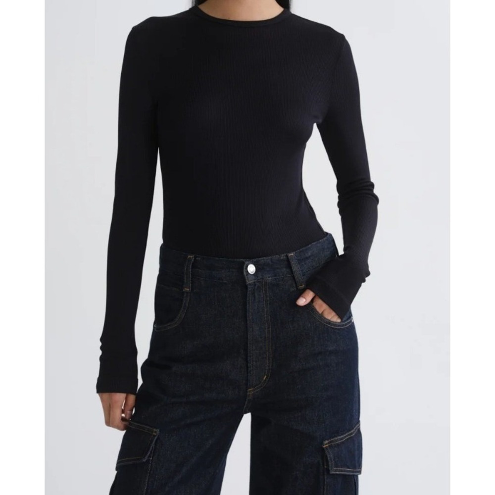 NEW Agolde Delphi Slim Tee Size XS Black Ribbed Long Sleeve Crew Neck Top